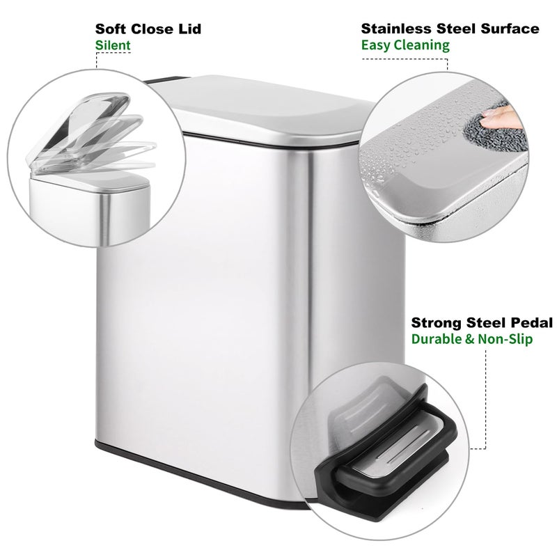 TIPGO Slim Bathroom Trash Can with Lid Soft Close, Step Pedal, 6 Liter / 1.6 Gallon Stainless Steel Trash Bin, Small Garbage Cans for Bedroom, Office, Kitchen (Silver) - Image 5